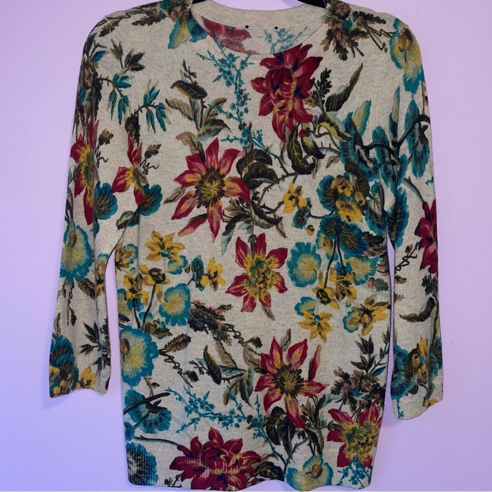 Tan S 100% Cashmere Sweater Floral Print Crew Neck 3/4 Sleeve